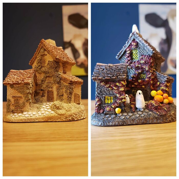 A before-and-after of a miniature house figurine, repurposed into a Halloween decoration, made out of things that would've been thrown away.