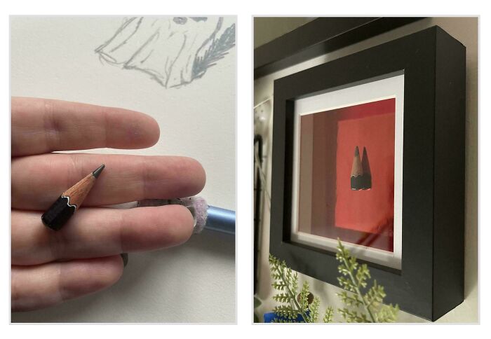 A tiny pencil displayed in a frame, an unexpected thing made out of things that would've been thrown away.