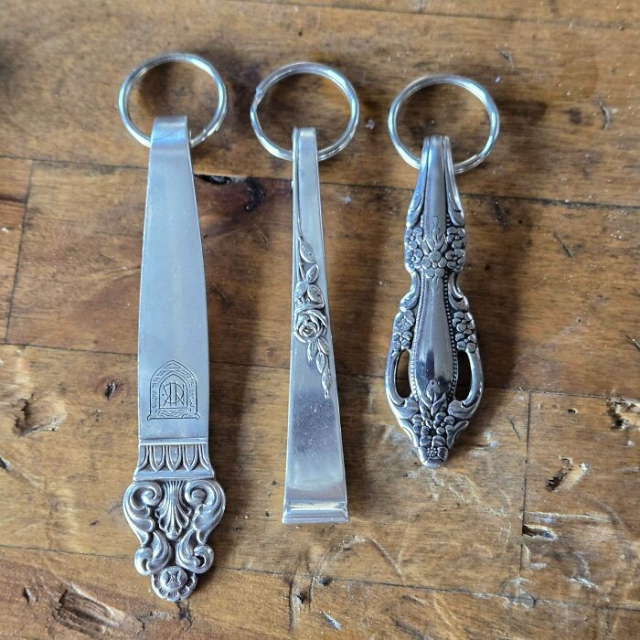 Unique keychains crafted from old spoons, showcasing things people made out of things that would've been thrown away.