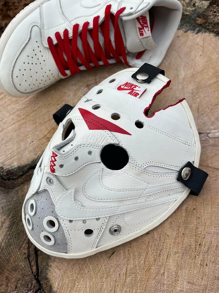 A Nike sneaker is transformed into a mask, repurposed from things that would've been thrown away.