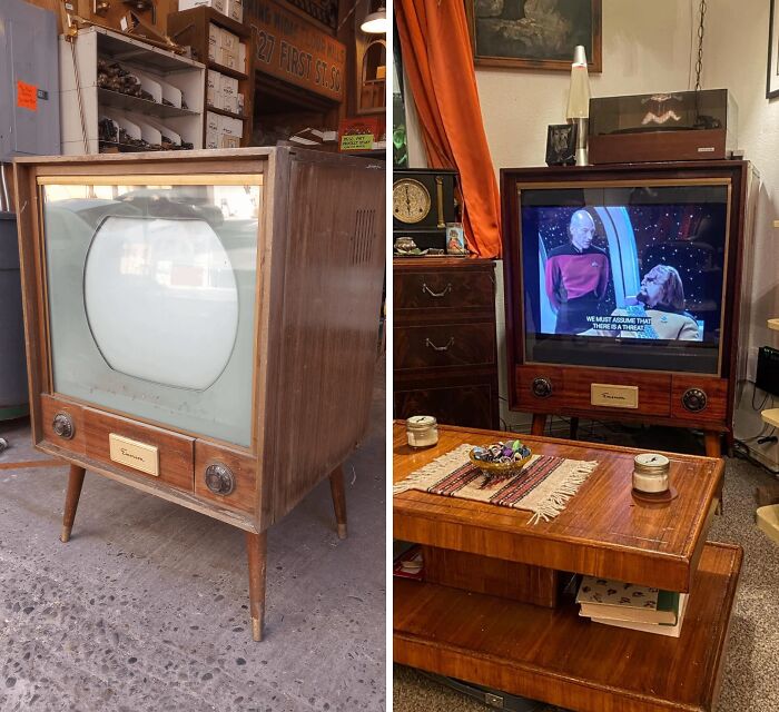 A vintage television set, before and after being repurposed, showing unexpected things people made out of things that would’ve been thrown away.