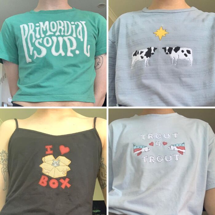 Four different t-shirts made out of unexpected things that would've been thrown away
