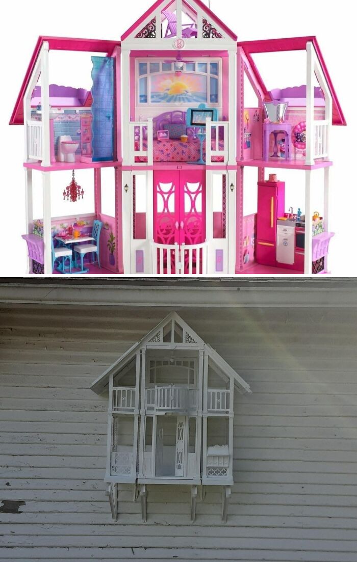 A split image showing a pink toy dollhouse above a white miniature dollhouse, things people made out of things that would have been thrown away.