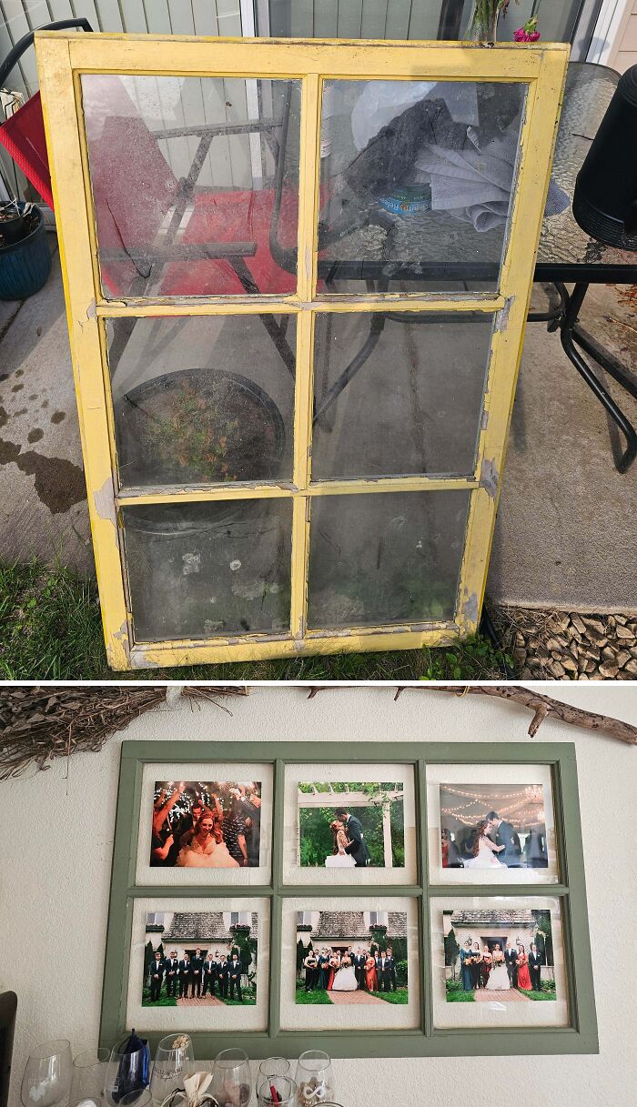 A before-and-after image of an old window frame repurposed into a picture frame, made out of things that would've been thrown away.