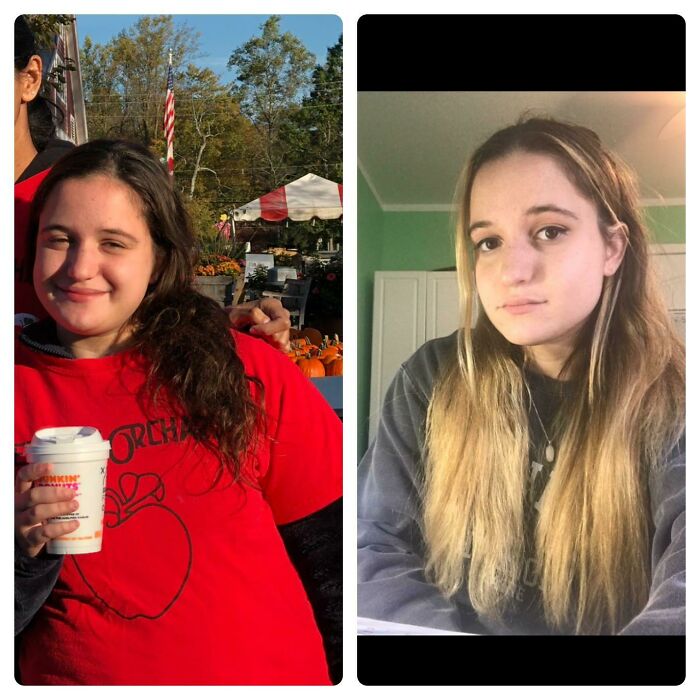 Before and after photo of a woman's weight loss, demonstrating the transformation of people who left everyone speechless at reunions.