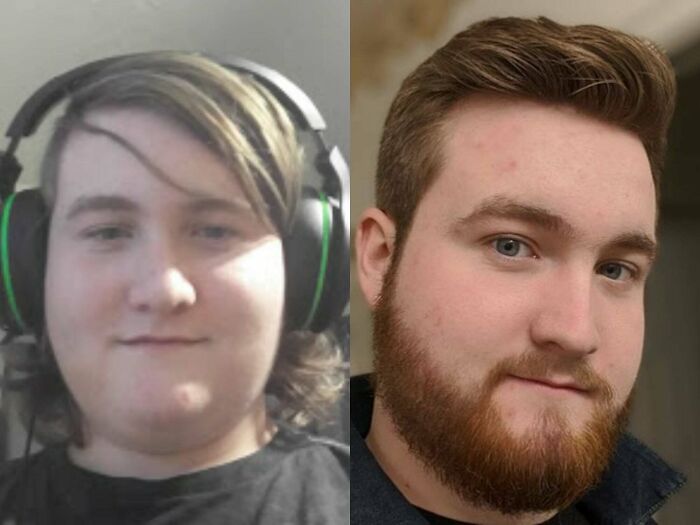 Man with headphones before and after growing a beard, looking confident at a reunion, leaving people speechless.