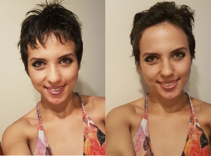Smiling woman with a short haircut at a reunion, showcasing her transformation and leaving people speechless.