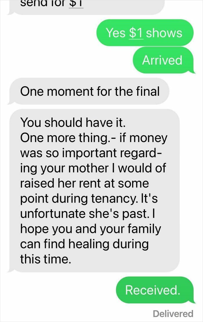 A text message exchange including a rude comment about someone's deceased mother, highlighting a lack of basic human decency.