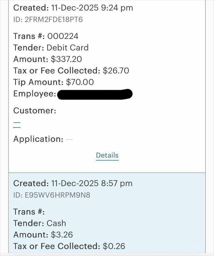 A receipt with a large tip amount ($70) on a $337.20 bill, reflecting a lack of basic human decency from the tipper.