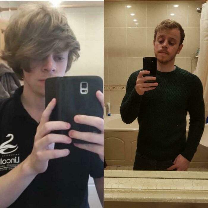 A split image of a man before and after his personal glow-up, leaving people speechless at reunions.