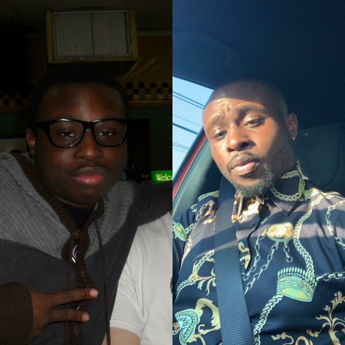A split image displaying a man's incredible transformation, leaving everyone speechless at reunions.