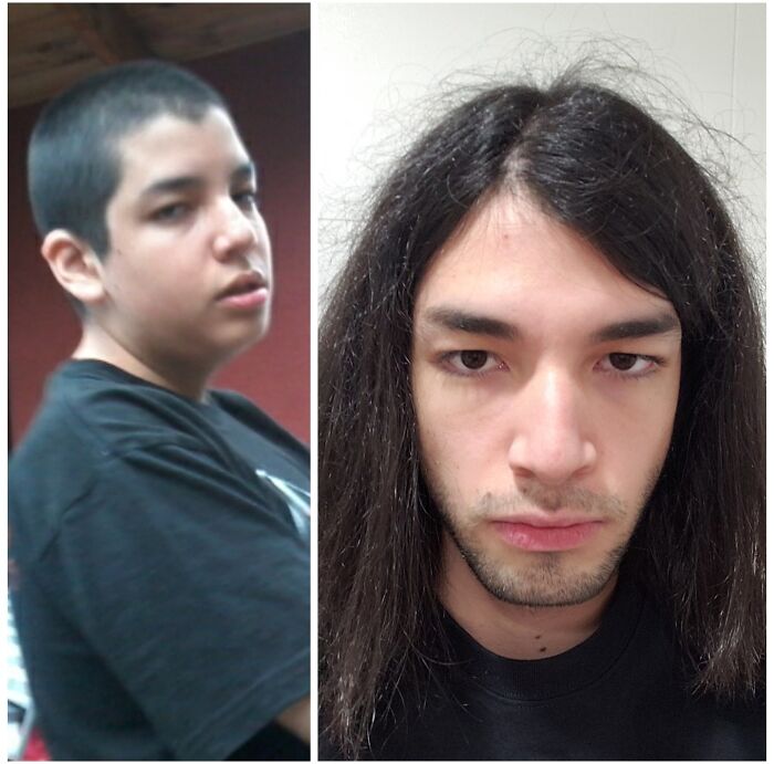 People left speechless at reunions: A young man's transformation from short hair to long, showcasing maturity.