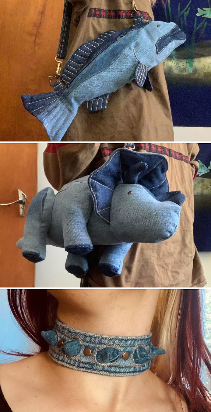 Creative fish and dinosaur bags made from upcycled denim jeans