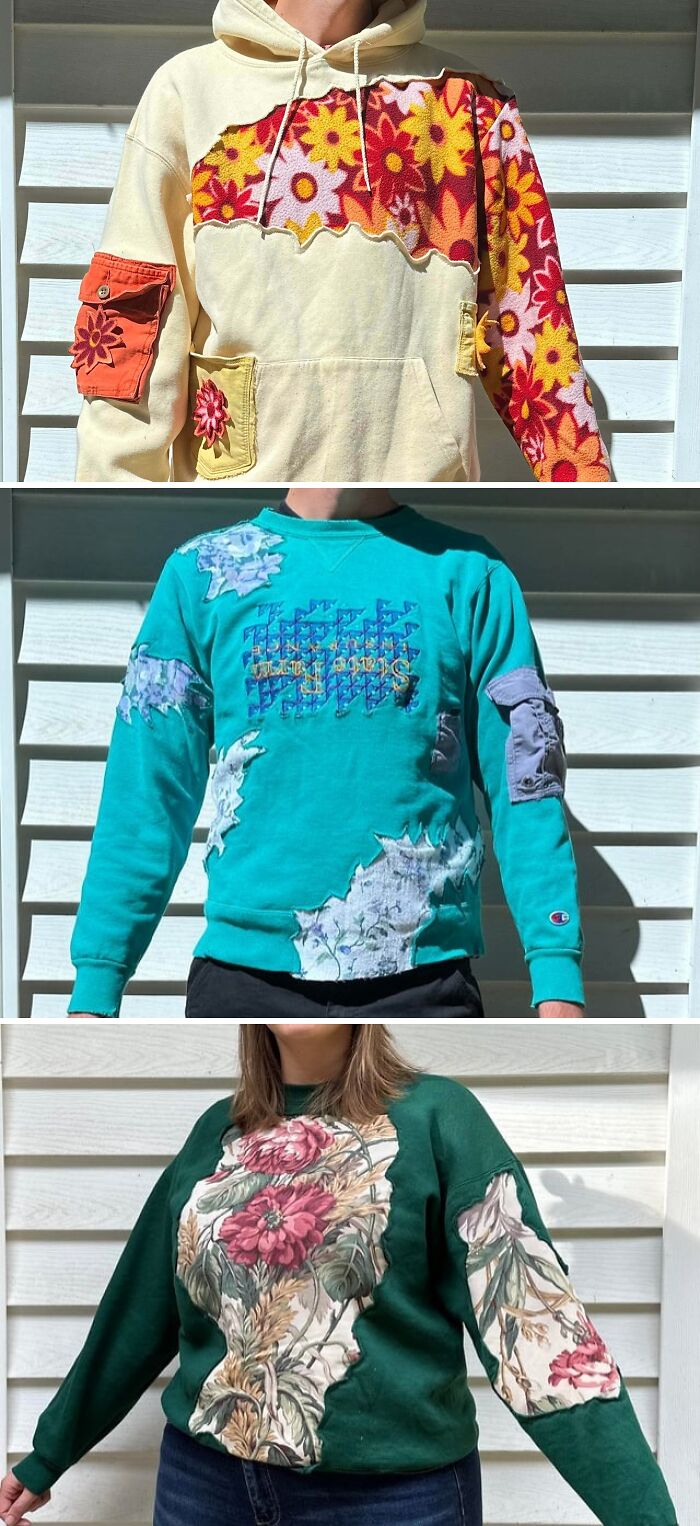 A person models a light yellow hoodie, featuring floral patterns made from things that would've been thrown away.