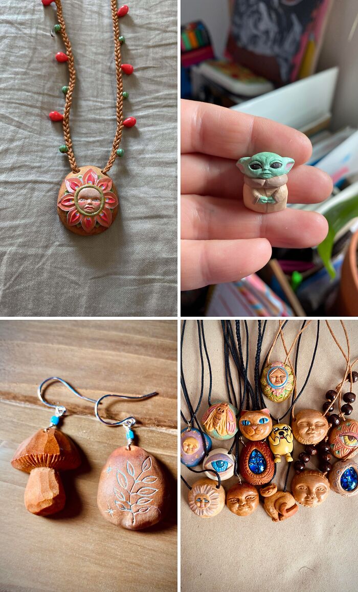 A collage of unexpected things made from thrown away items, including pendants, earrings, and a tiny Grogu.