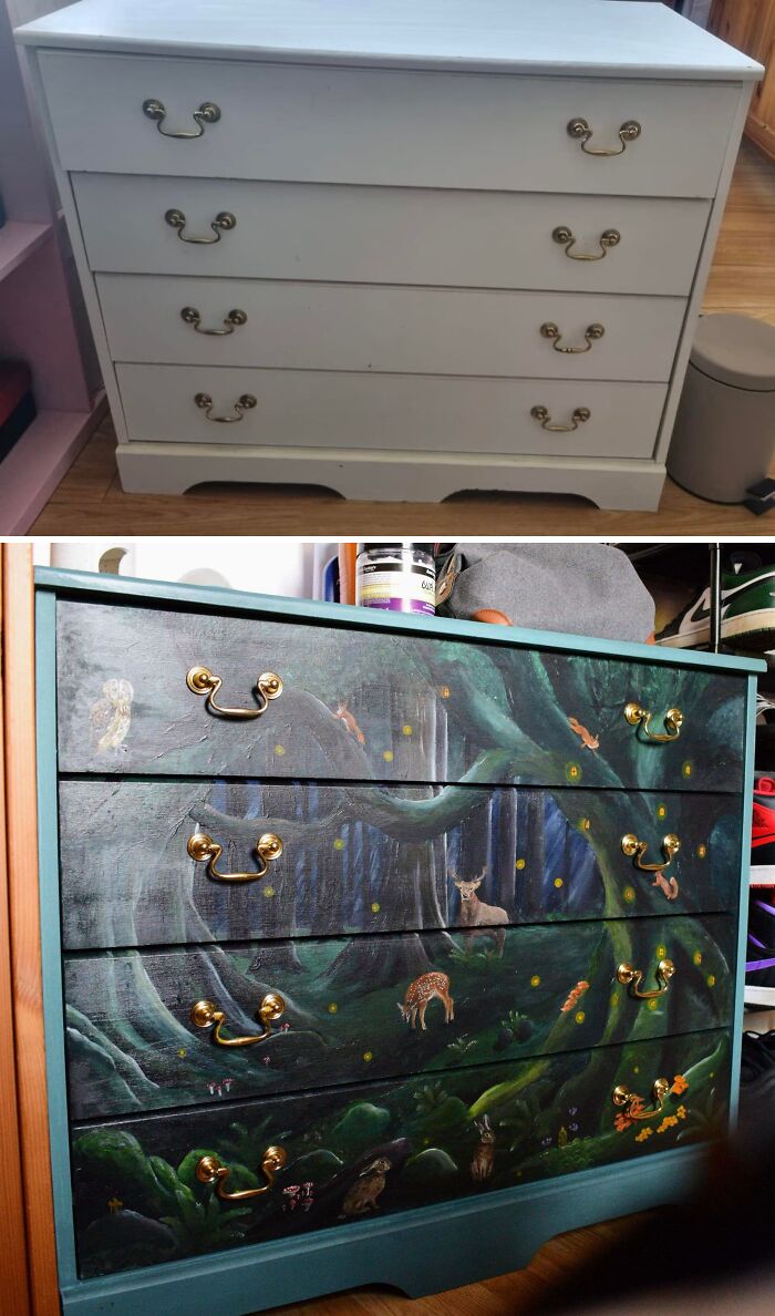 Before and after image of a dresser, transformed with a magical forest painting, an unexpected thing made from thrown away items.
