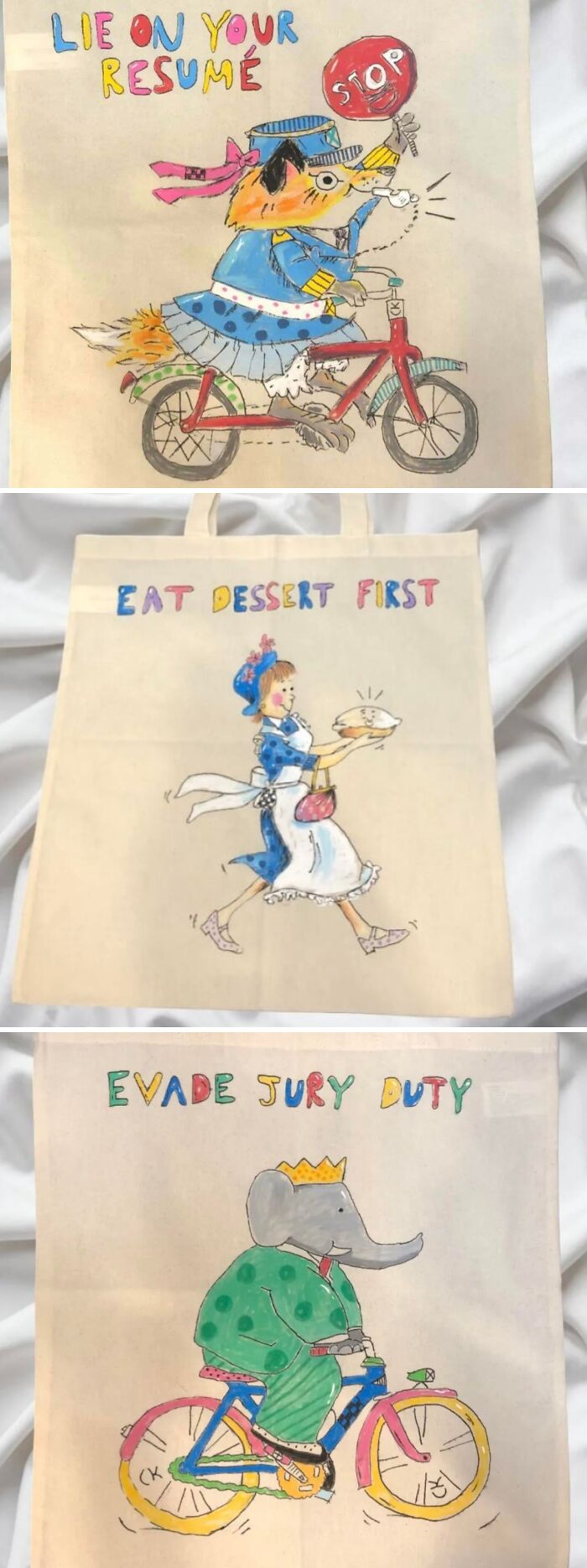 Three tote bags with whimsical drawings and text, unexpected things made out of things that would've been thrown away.