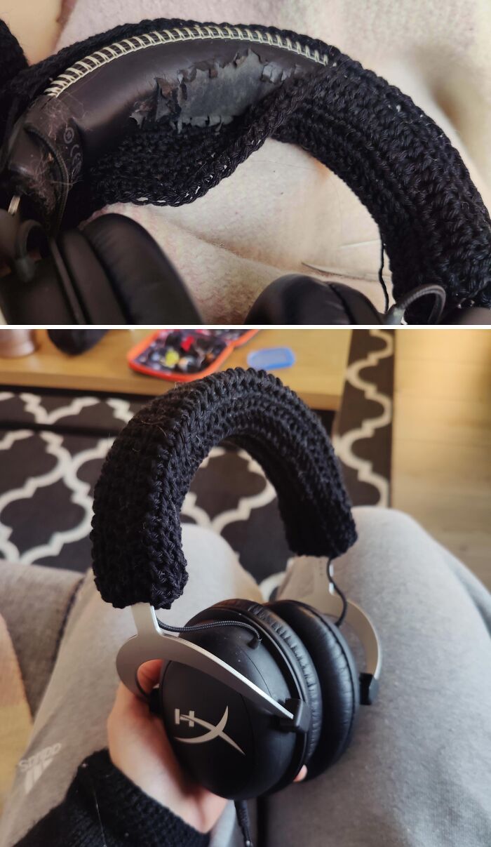 Headphones with a crocheted cover, before and after, unexpected things made out of things that would've been thrown away.