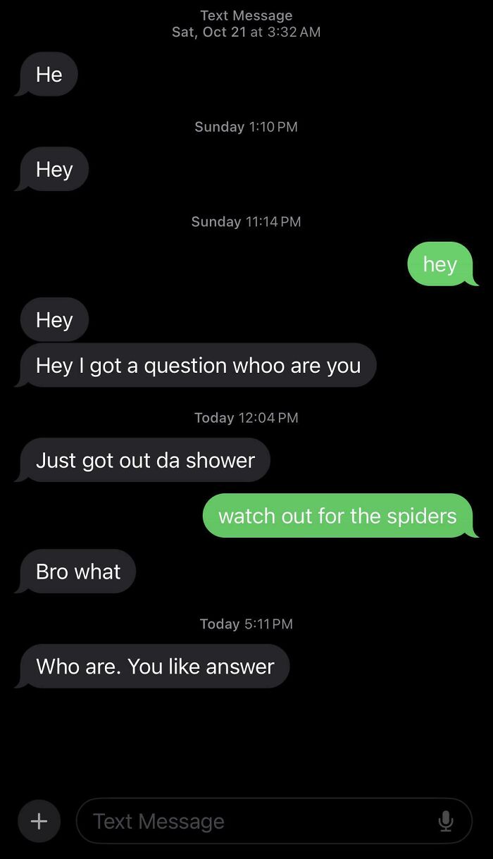 A screenshot of unhinged conversations from wrong number texts, with a message about spiders.