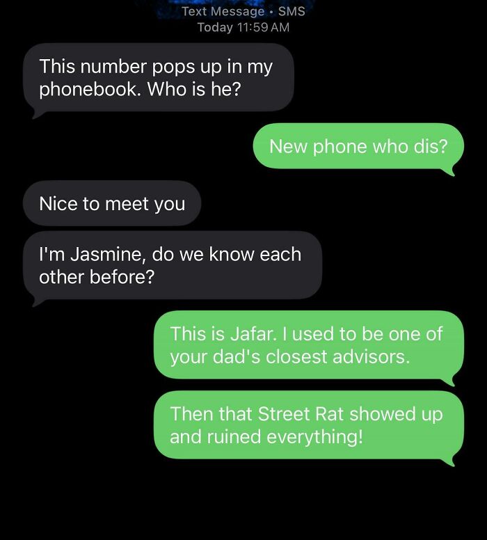A screenshot of a wrong number text conversation escalating with a user named Jafar.
