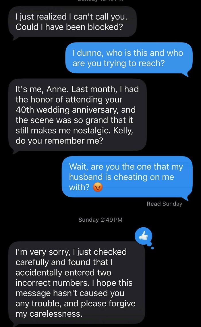 A wrong number text where a person mistakes the sender for their husband's mistress, then apologizes for the error.