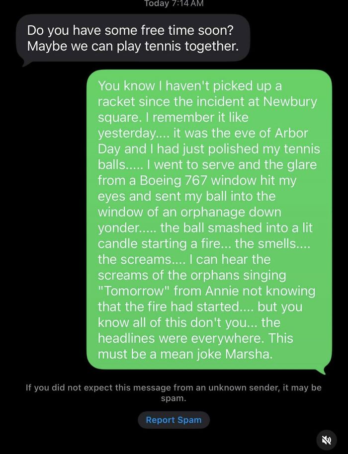 A screenshot showing a hilarious wrong number text conversation about a tennis incident at Newbury square.