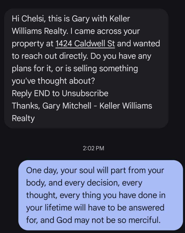 An unhinged wrong number text receiving a cryptic, spiritual message in response to a real estate inquiry.