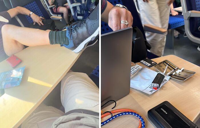 Two images of entitled men on a train; one shows a foot on a table, the other a cluttered table with a laptop, reflecting ignored boundaries.