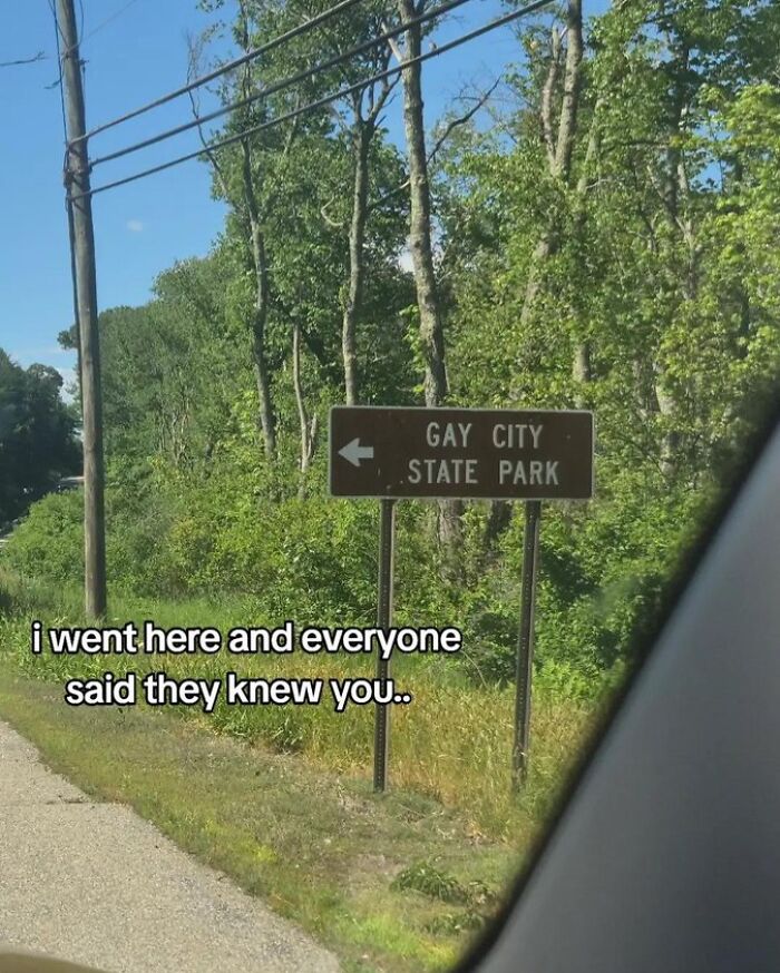 A cringe image of a sign pointing to Gay City State Park, implying a humorous, awkward situation.