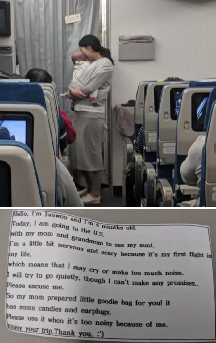 On A 10-Hour Flight From Seoul To San Francisco, A Mom Gave Out 200: Goodie Bags To Passengers. Each Had Candy, Earplugs, And A Note Explaining Her 4-Month-Old Son Junwoo Might Cry During The Flight, As A Kind Gesture Of Advance Apology
