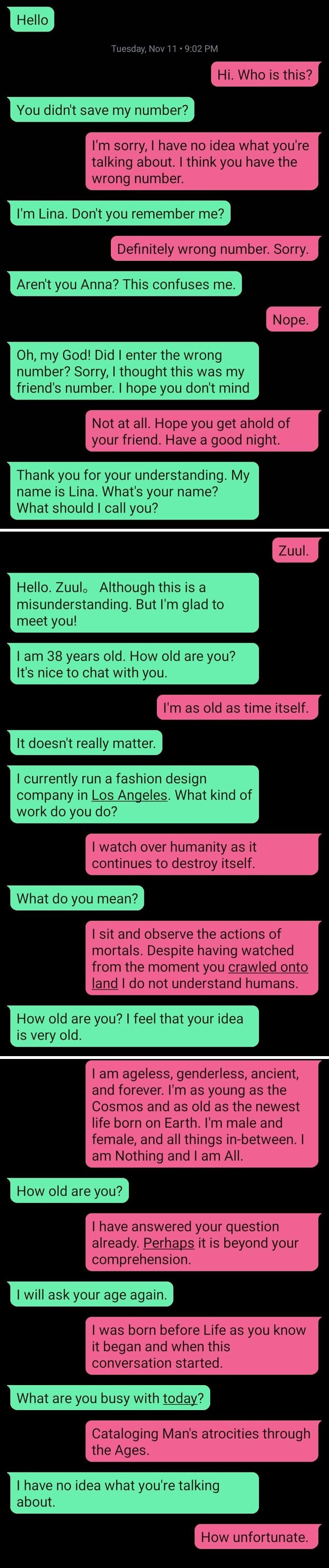 A surreal wrong number text exchange discussing age and humanity, showcasing unhinged conversations.