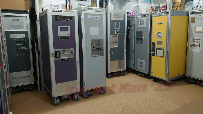 A lineup of airline service carts from different airlines, an example of fascinating collections.