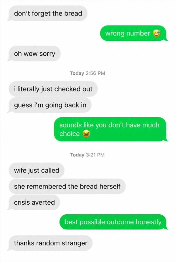 A funny wrong number text exchange about forgetting bread, showing how wrong number texts can escalate.