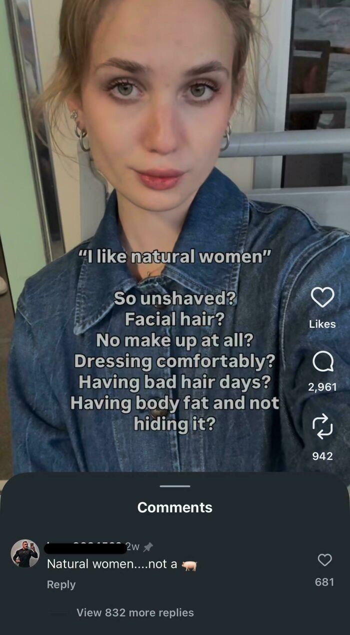 A TikTok video showing a woman reacting to an entitled man's unrealistic standards for natural women.