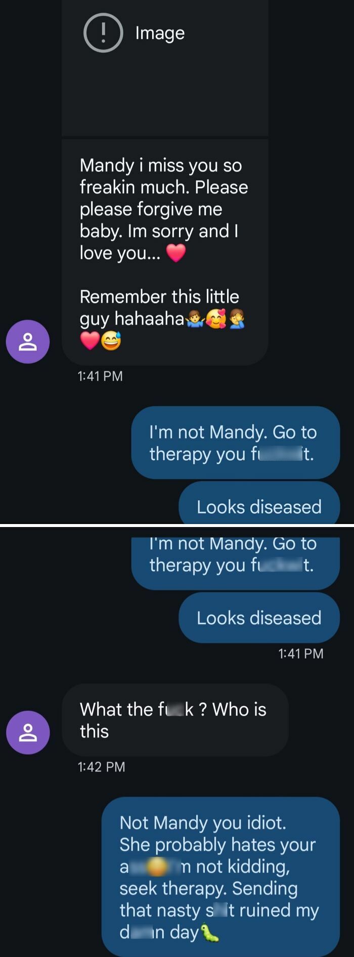 A screenshot of a text message conversation featuring wrong number texts that escalated into an unhinged rant about Mandy.