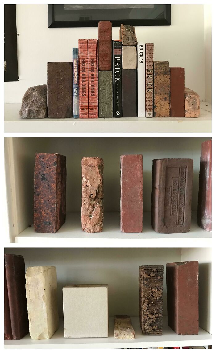 An unexpected collection of bricks and brick-themed books arranged neatly on white shelves.