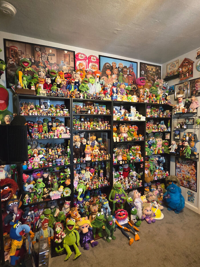 A room filled with an extensive and fascinating collection of Muppet plush toys and figurines on shelves.
