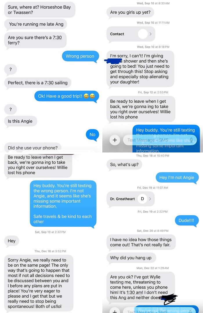 A compilation of several wrong number texts that escalated into unhinged conversations, with multiple message bubbles.