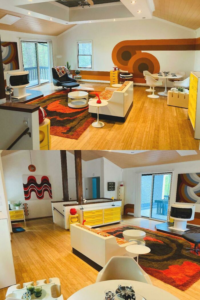 A retro living room with orange and brown accents, part of fascinating collections.