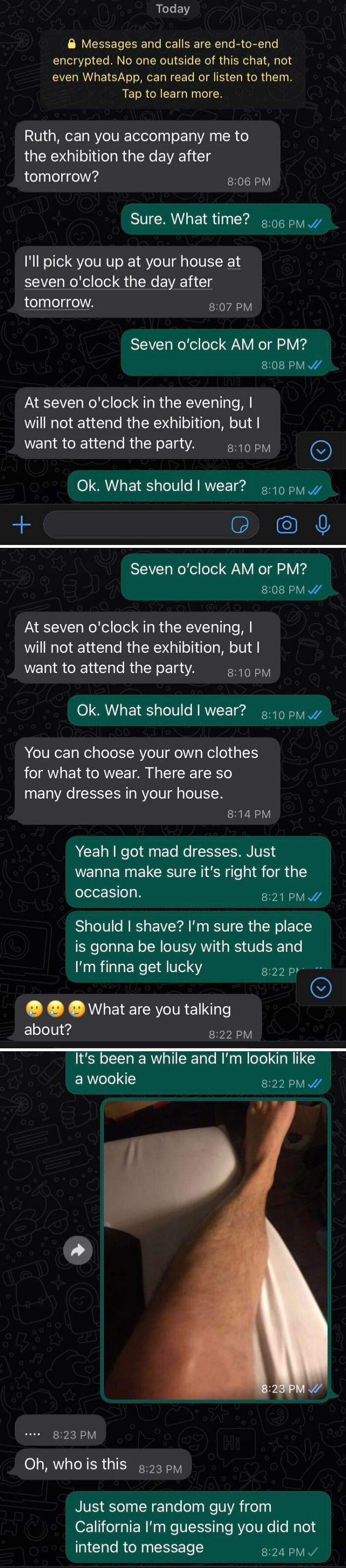 A screenshot of wrong number texts, showing an unhinged conversation and a leg picture.
