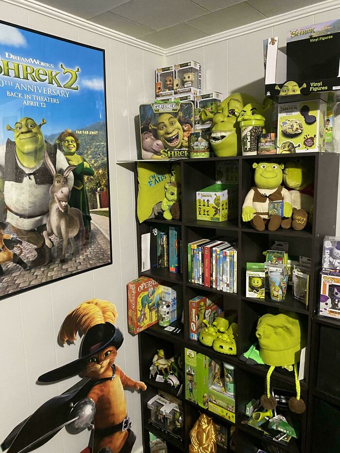 A dedicated room filled with an impressive collection of Shrek memorabilia, including figures, posters, and merchandise, a fascinating collection.