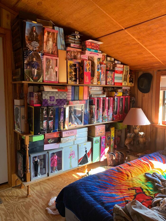 A room filled with an extensive collection of Barbie dolls in boxes, neatly organized on shelves, a fascinating collection.