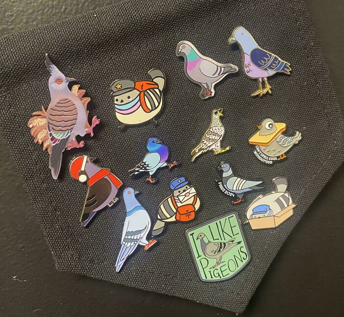 A close-up shot of a fascinating collection of stylized pigeon enamel pins displayed on a dark fabric.