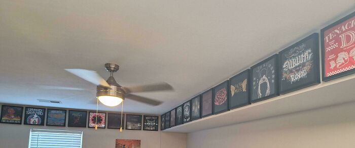 An interesting collection of framed band t-shirts displayed along a ceiling, part of unexpected collections.