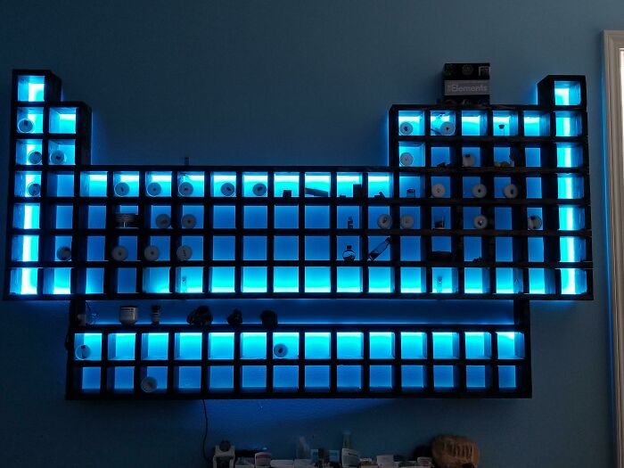 An unexpected collection of elements displayed in a periodic table shaped shelf with glowing blue lights.