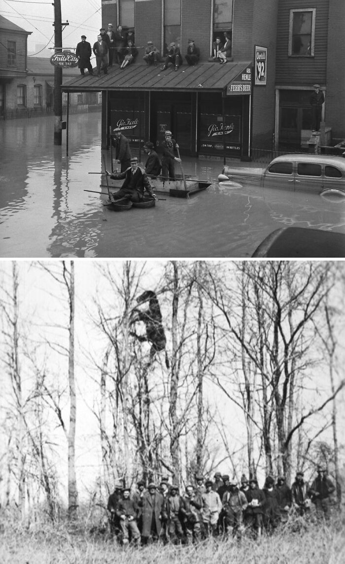 Historical photos of people on a raft in a flooded street with buildings submerged and others watching from rooftops.