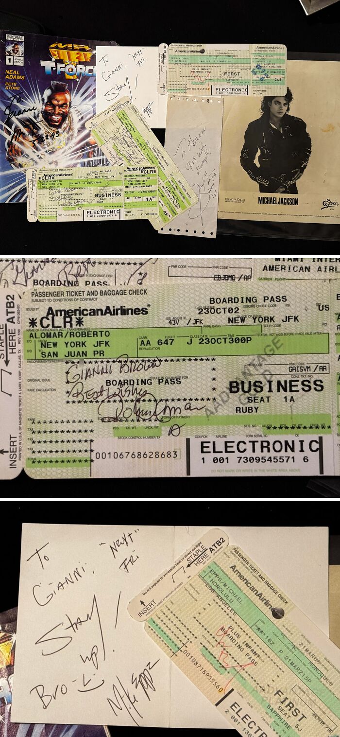 A unique and fascinating collection of airline tickets, some signed, alongside a Michael Jackson album cover.