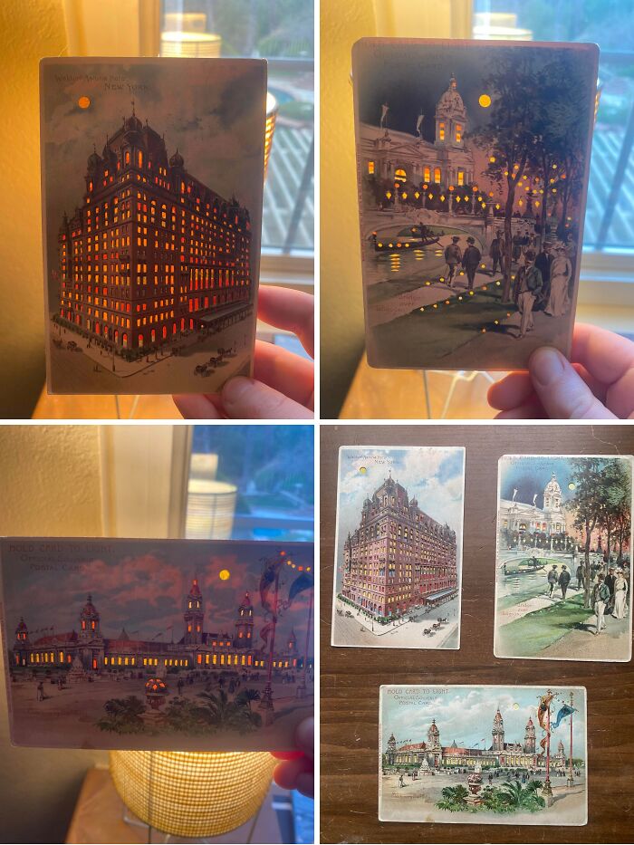 A fascinating collection of vintage postcards featuring brightly lit buildings and cityscapes at night.