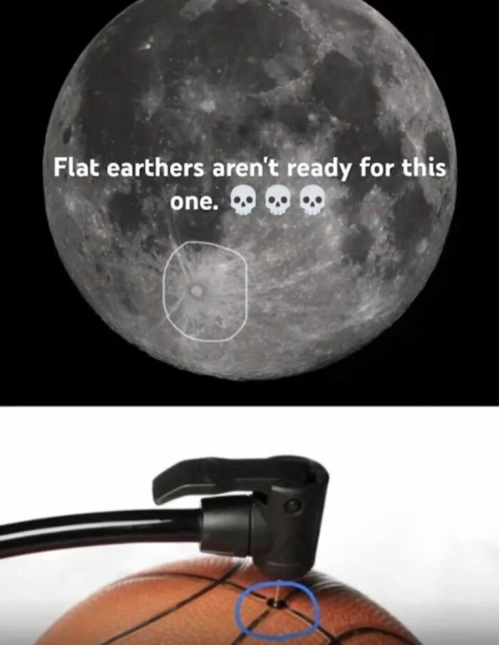 A two-panel image, the top showing a moon with a circled area, the bottom showing a basketball being inflated, a cringe comparison.