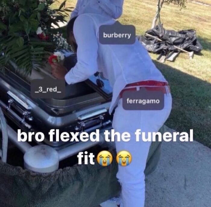 A person in white clothing leaning over a coffin at a funeral, with text pointing out designer brands on their outfit, a cringe scene.